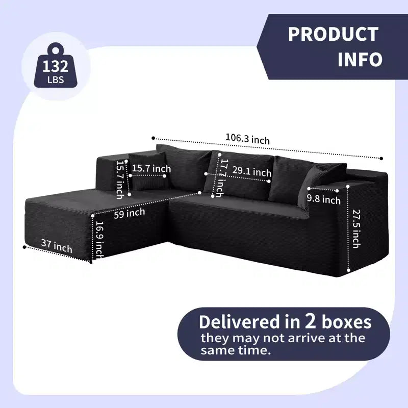 Mjkone 106'' Modern 2-Piece Corduroy Free Combination L-Shaped Sofa Deep Seat,Upholstered Chaise Sectional Sofas With Left Chaise