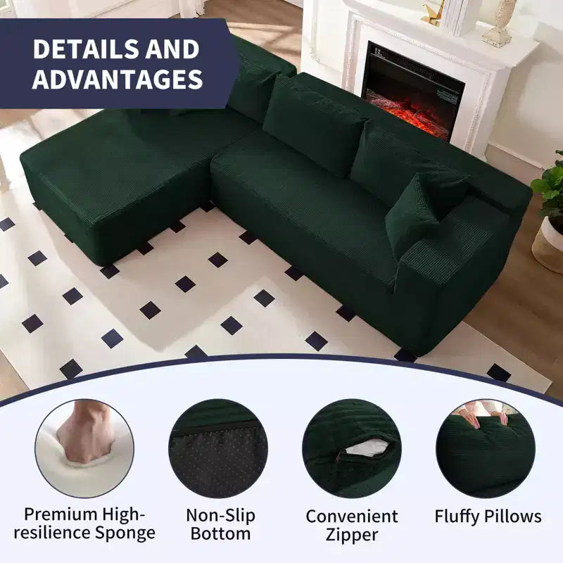 Mjkone 106'' Modern 2-Piece Corduroy Free Combination L-Shaped Sofa Deep Seat,Upholstered Chaise Sectional Sofas With Left Chaise