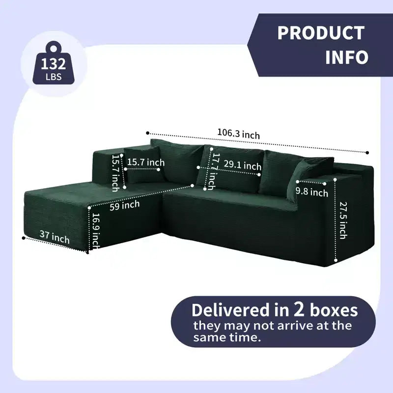 Mjkone 106'' Modern 2-Piece Corduroy Free Combination L-Shaped Sofa Deep Seat,Upholstered Chaise Sectional Sofas With Left Chaise