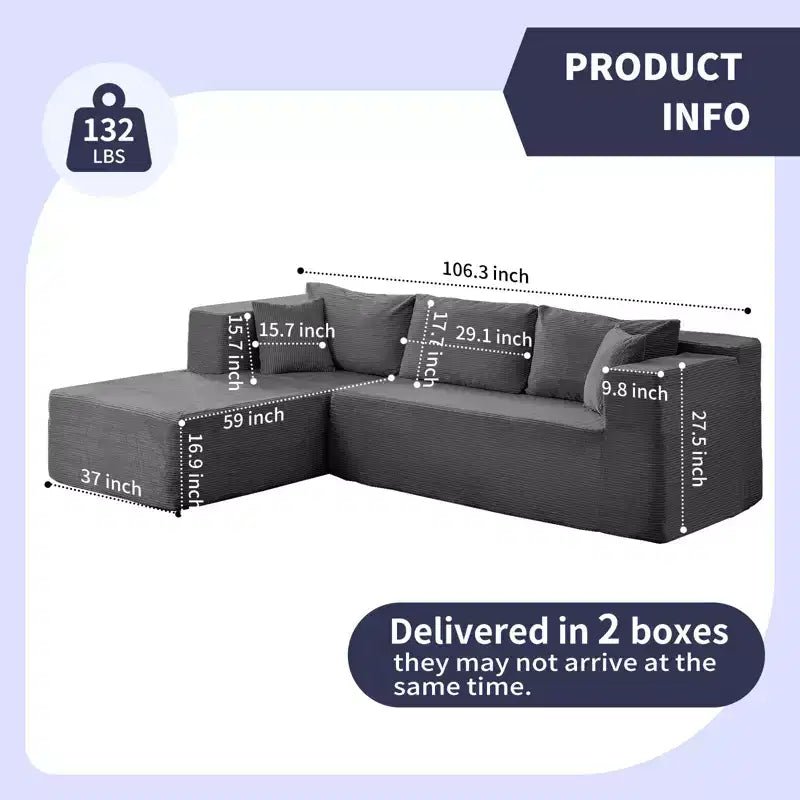 Mjkone 106'' Modern 2-Piece Corduroy Free Combination L-Shaped Sofa Deep Seat,Upholstered Chaise Sectional Sofas With Left Chaise