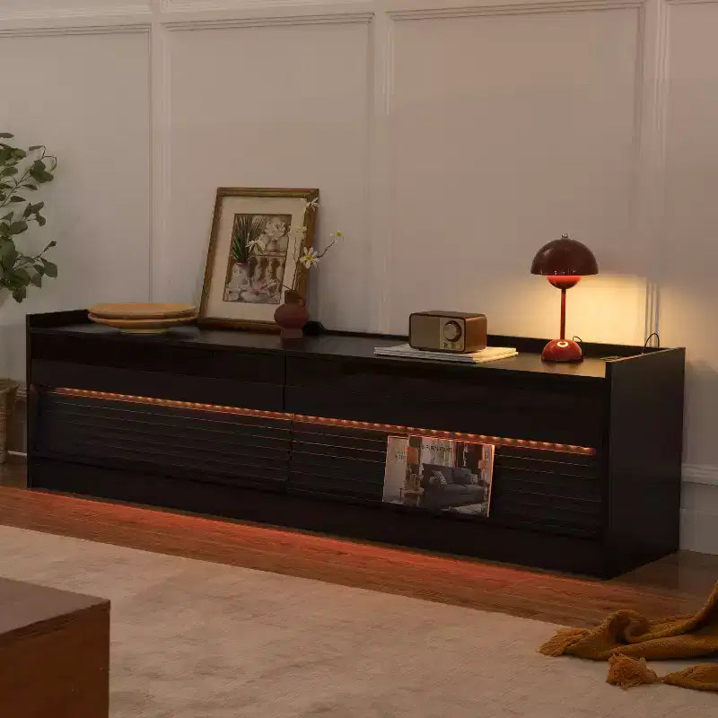 Modern TV Stand TV Console Media Console with 4 Drawer, Charging Ports and Ambient LED Lighting, Natural/Walnut/Black-Christopher Knight Home