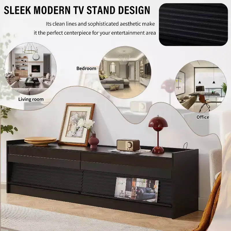 Modern TV Stand TV Console Media Console with 4 Drawer, Charging Ports and Ambient LED Lighting, Natural/Walnut/Black-Christopher Knight Home