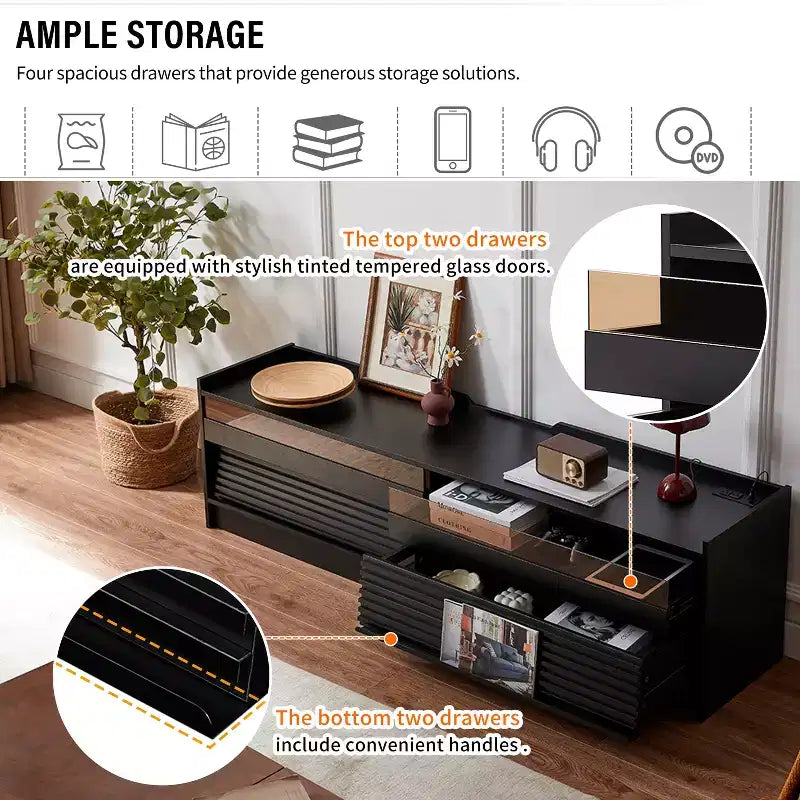 Modern TV Stand TV Console Media Console with 4 Drawer, Charging Ports and Ambient LED Lighting, Natural/Walnut/Black-Christopher Knight Home