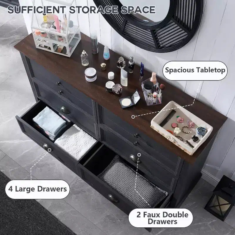 SinCiDo Farmhouse Dresser with 6 Drawer, 58 Wide Vertical Dresser, Drawers Organizer Closet, 2 Different Drawer Sizes for Living Room