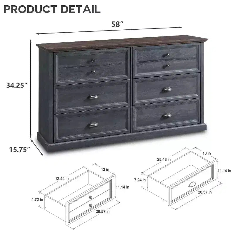 SinCiDo Farmhouse Dresser with 6 Drawer, 58 Wide Vertical Dresser, Drawers Organizer Closet, 2 Different Drawer Sizes for Living Room