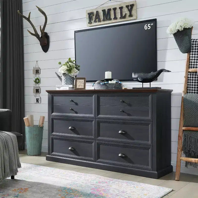 SinCiDo Farmhouse Dresser with 6 Drawer, 58 Wide Vertical Dresser, Drawers Organizer Closet, 2 Different Drawer Sizes for Living Room