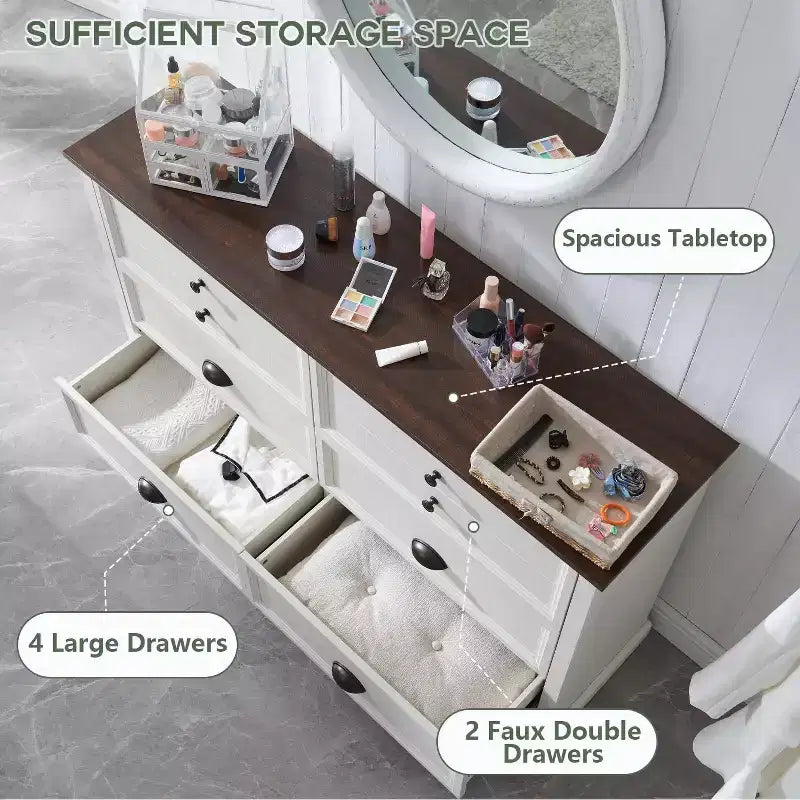 SinCiDo Farmhouse Dresser with 6 Drawer, 58 Wide Vertical Dresser, Drawers Organizer Closet, 2 Different Drawer Sizes for Living Room