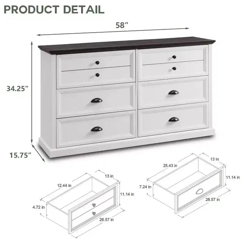 SinCiDo Farmhouse Dresser with 6 Drawer, 58 Wide Vertical Dresser, Drawers Organizer Closet, 2 Different Drawer Sizes for Living Room