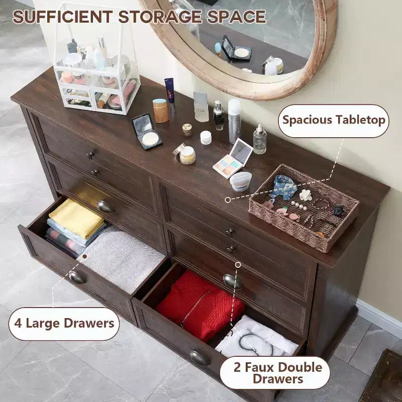 SinCiDo Farmhouse Dresser with 6 Drawer, 58 Wide Vertical Dresser, Drawers Organizer Closet, 2 Different Drawer Sizes for Living Room