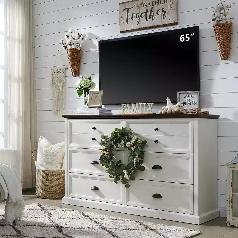 SinCiDo Farmhouse Dresser with 6 Drawer, 58 Wide Vertical Dresser, Drawers Organizer Closet, 2 Different Drawer Sizes for Living Room