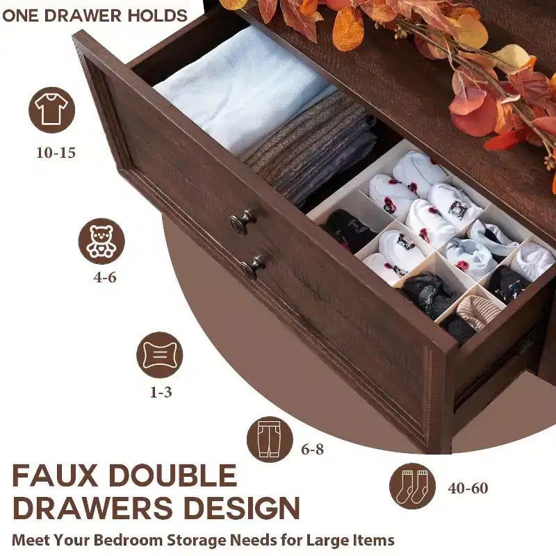 SinCiDo Farmhouse Dresser with 6 Drawer, 58 Wide Vertical Dresser, Drawers Organizer Closet, 2 Different Drawer Sizes for Living Room