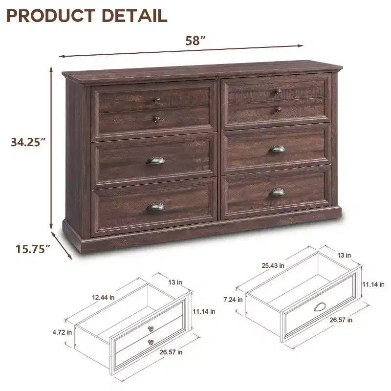 SinCiDo Farmhouse Dresser with 6 Drawer, 58 Wide Vertical Dresser, Drawers Organizer Closet, 2 Different Drawer Sizes for Living Room