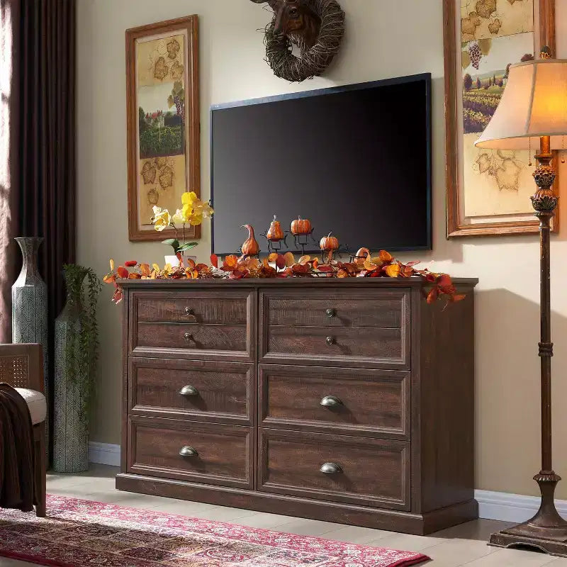 SinCiDo Farmhouse Dresser with 6 Drawer, 58 Wide Vertical Dresser, Drawers Organizer Closet, 2 Different Drawer Sizes for Living Room