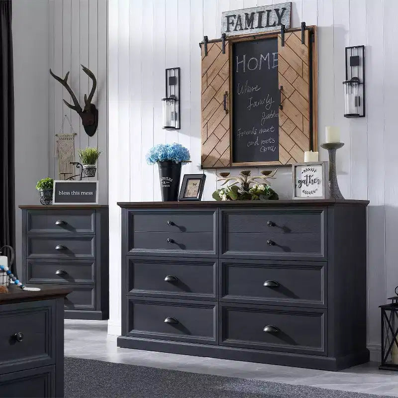 SinCiDo Farmhouse Dresser with 6 Drawer, 58 Wide Vertical Dresser, Drawers Organizer Closet, 2 Different Drawer Sizes for Living Room