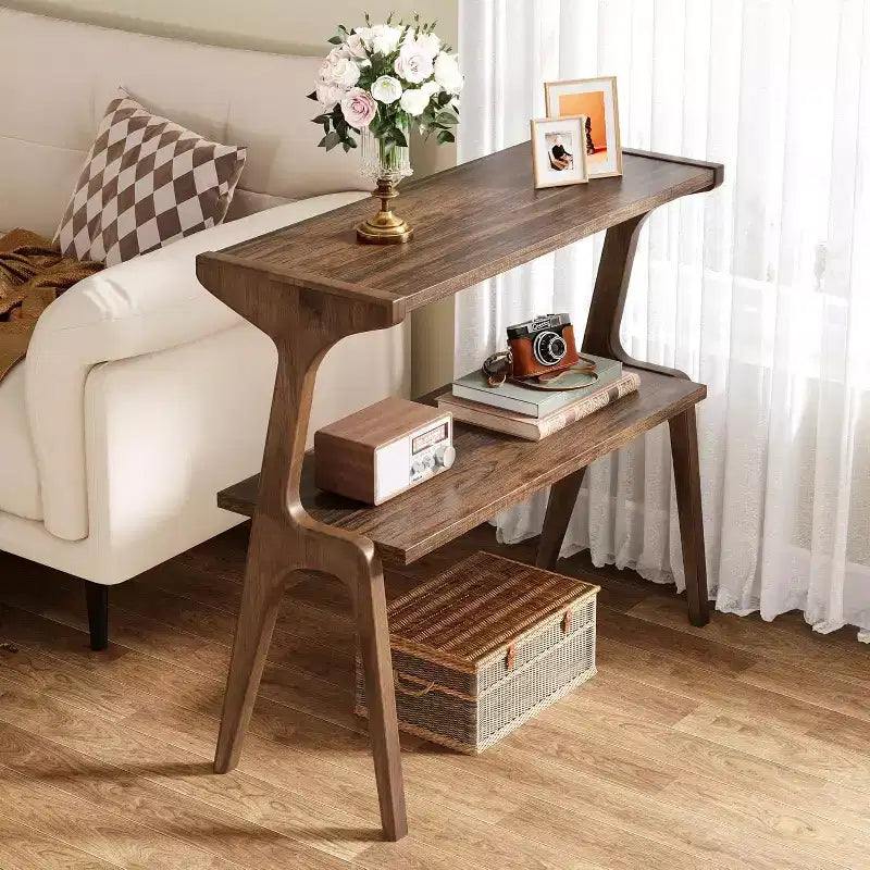Table d'appoint à 2 niveaux Lantine, table d'appoint de canapé étroite avec étagère de rangement, marron rustique