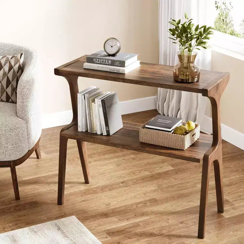 Table d'appoint à 2 niveaux Lantine, table d'appoint de canapé étroite avec étagère de rangement, marron rustique
