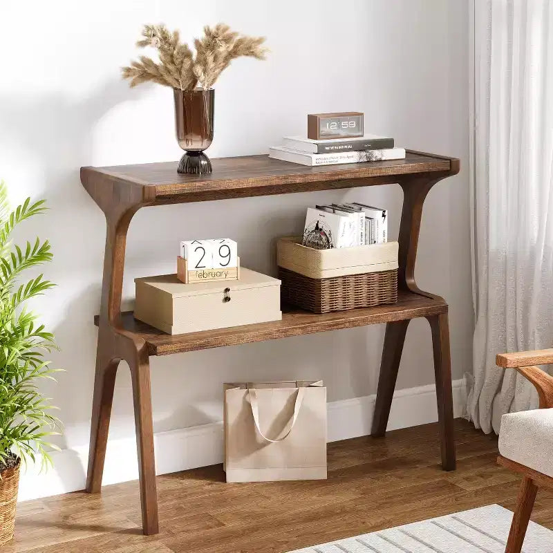 Table d'appoint à 2 niveaux Lantine, table d'appoint de canapé étroite avec étagère de rangement, marron rustique