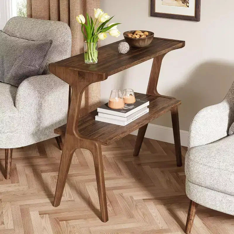Table d'appoint à 2 niveaux Lantine, table d'appoint de canapé étroite avec étagère de rangement, marron rustique