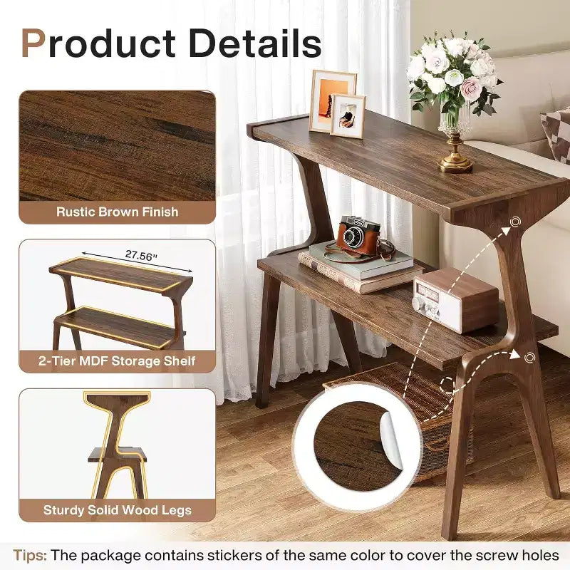 Table d'appoint à 2 niveaux Lantine, table d'appoint de canapé étroite avec étagère de rangement, marron rustique
