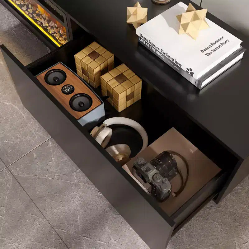 Meuble TV moderne et minimaliste Famapy, meuble multimédia avec tiroirs et étagères ouvertes