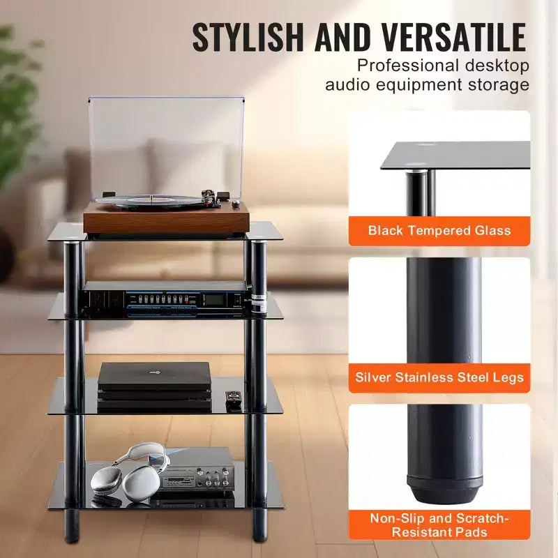 Meuble TV 4 étages VEVOR, meuble audio/vidéo avec étagères en verre trempé renforcé pour lecteurs DVD/décodeurs/consoles de jeux, hauteur réglable