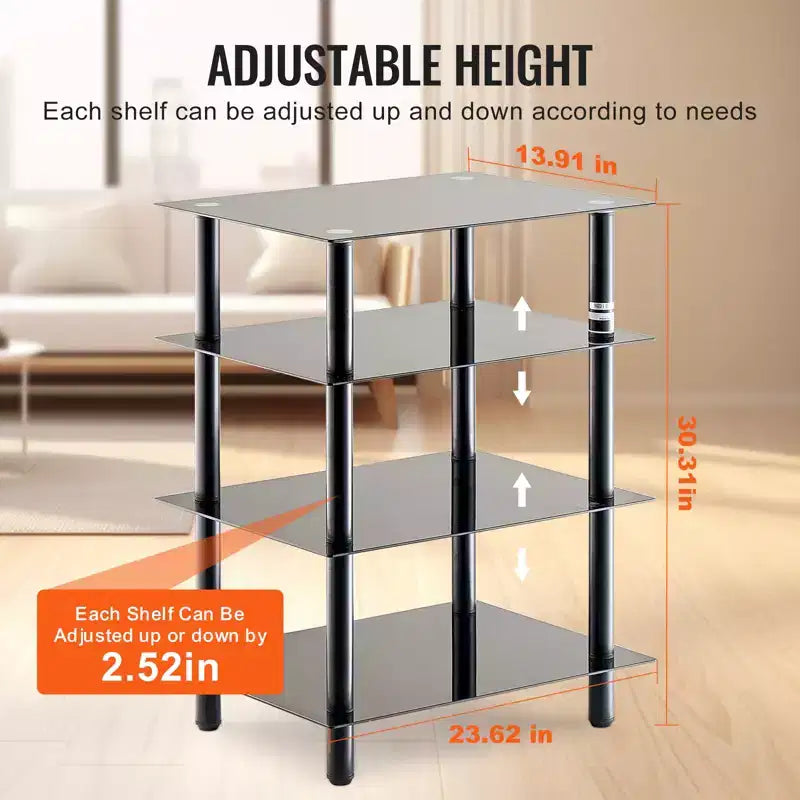 Meuble TV 4 étages VEVOR, meuble audio/vidéo avec étagères en verre trempé renforcé pour lecteurs DVD/décodeurs/consoles de jeux, hauteur réglable