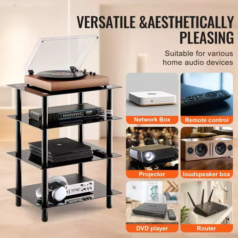 Meuble TV 4 étages VEVOR, meuble audio/vidéo avec étagères en verre trempé renforcé pour lecteurs DVD/décodeurs/consoles de jeux, hauteur réglable