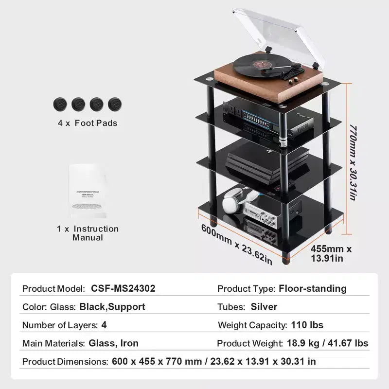 Meuble TV 4 étages VEVOR, meuble audio/vidéo avec étagères en verre trempé renforcé pour lecteurs DVD/décodeurs/consoles de jeux, hauteur réglable