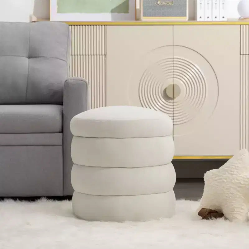 Repose-pieds rond pouf en velours doux, ivoire