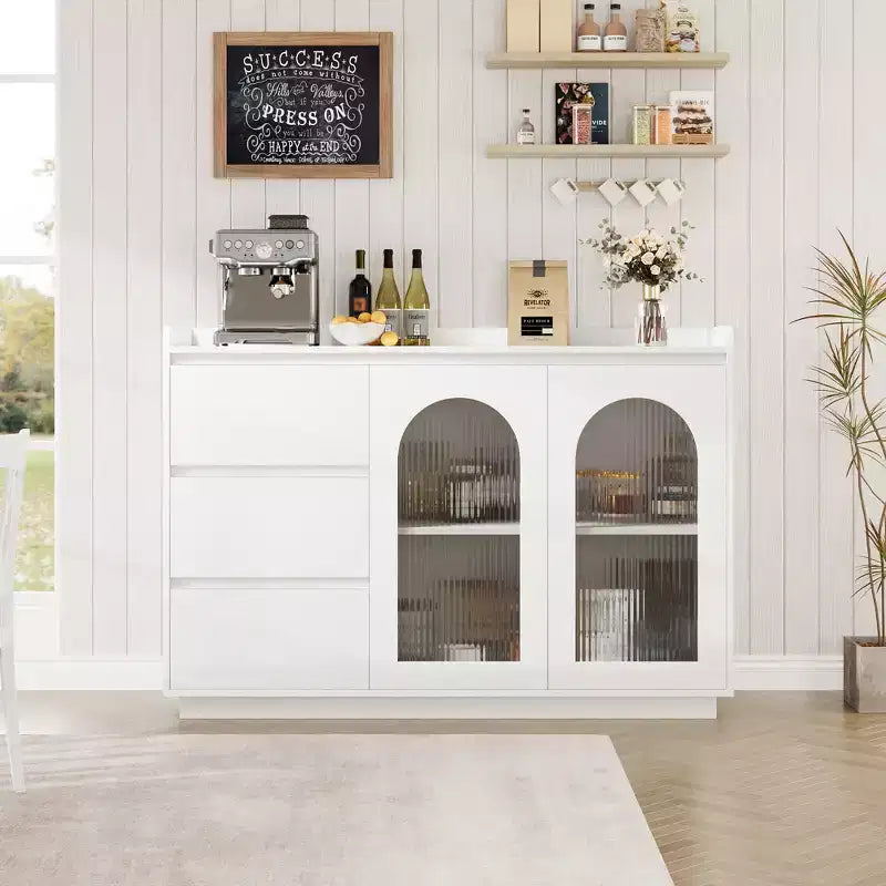 Bahut de Rangement avec Porte Vitrée, Armoire de Rangement Moderne avec Lumières LED et Étagères Réglables pour Salon, Salle à Manger, Blanc