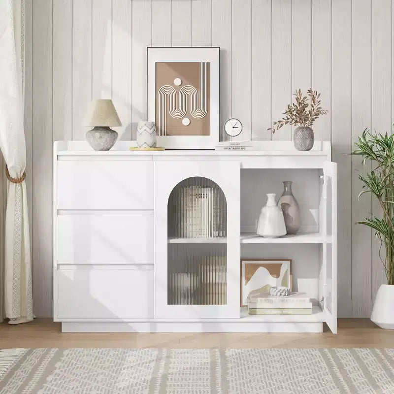 Bahut de Rangement avec Porte Vitrée, Armoire de Rangement Moderne avec Lumières LED et Étagères Réglables pour Salon, Salle à Manger, Blanc
