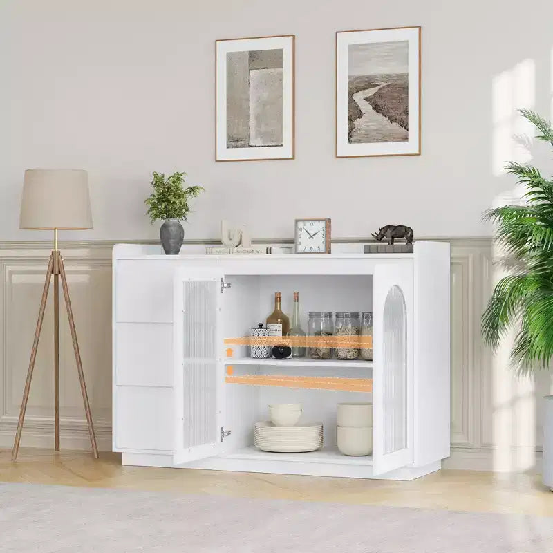 Bahut de Rangement avec Porte Vitrée, Armoire de Rangement Moderne avec Lumières LED et Étagères Réglables pour Salon, Salle à Manger, Blanc