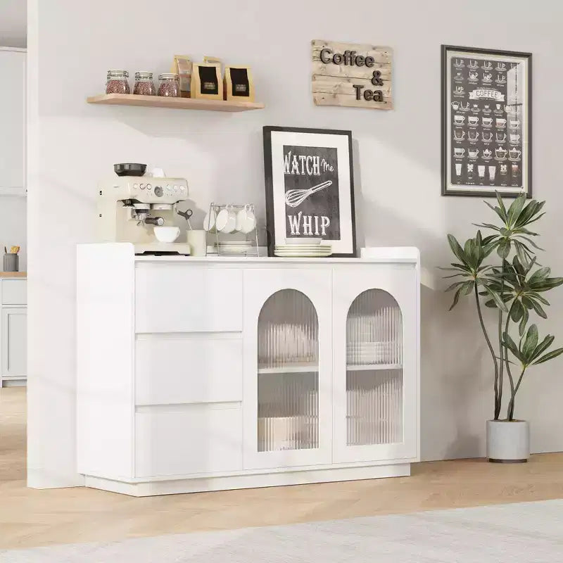 Bahut de Rangement avec Porte Vitrée, Armoire de Rangement Moderne avec Lumières LED et Étagères Réglables pour Salon, Salle à Manger, Blanc