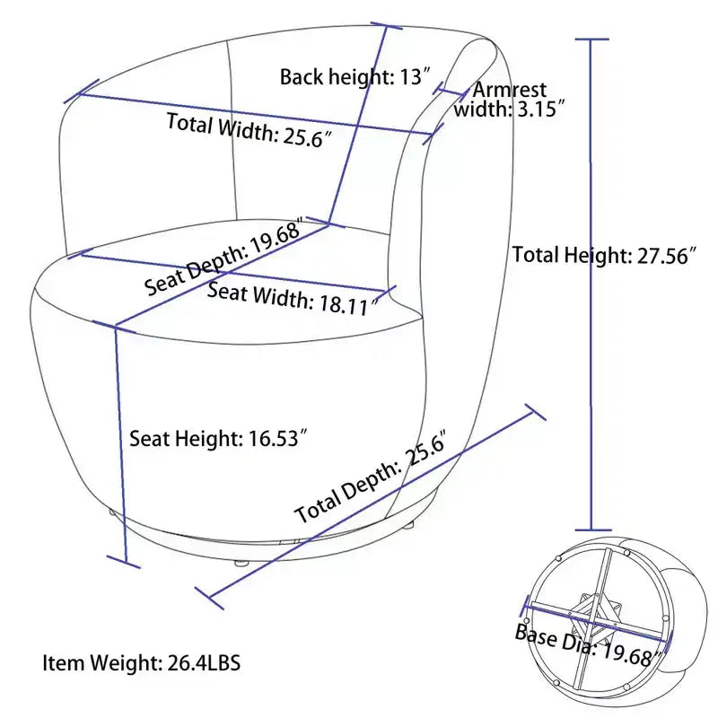 Fauteuil d'appoint pivotant en tissu velours avec anneau en métal thermolaqué noir, bleu
