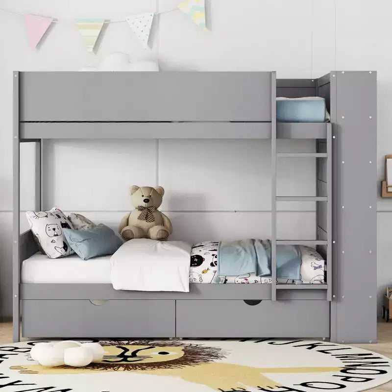 Twin Over Twin/Full Over Full Bunk Bed with 2 Drawers and Multi-Layer Cabinet, Space-Saving Storage Solution, White/Gray - ModernLuxe