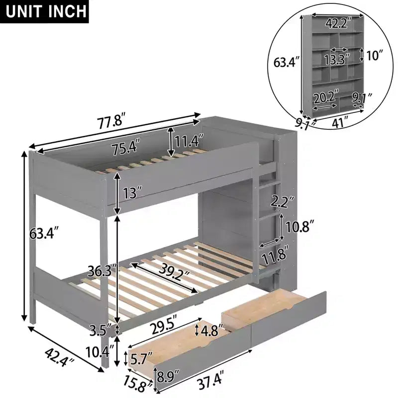 Twin Over Twin/Full Over Full Bunk Bed with 2 Drawers and Multi-Layer Cabinet, Space-Saving Storage Solution, White/Gray - ModernLuxe