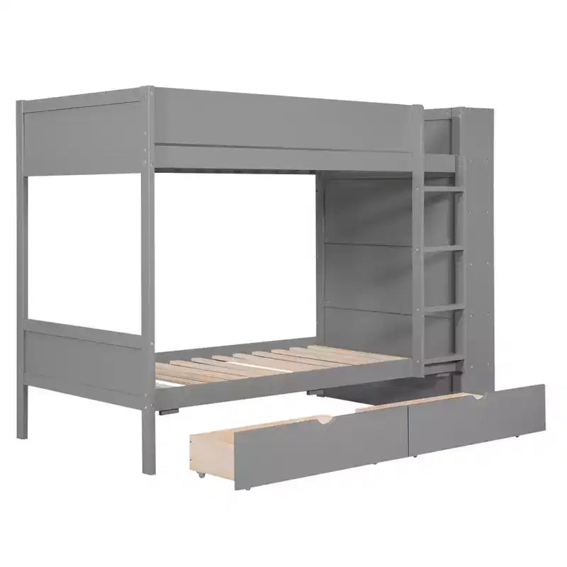 Twin Over Twin/Full Over Full Bunk Bed with 2 Drawers and Multi-Layer Cabinet, Space-Saving Storage Solution, White/Gray - ModernLuxe