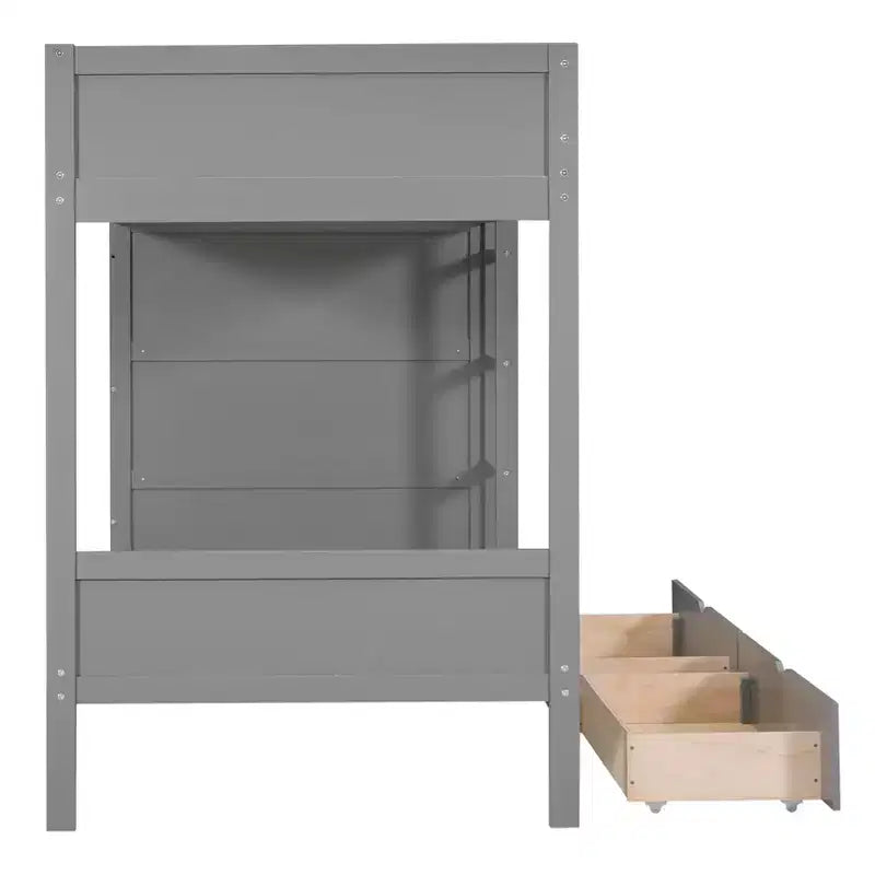 Twin Over Twin/Full Over Full Bunk Bed with 2 Drawers and Multi-Layer Cabinet, Space-Saving Storage Solution, White/Gray - ModernLuxe