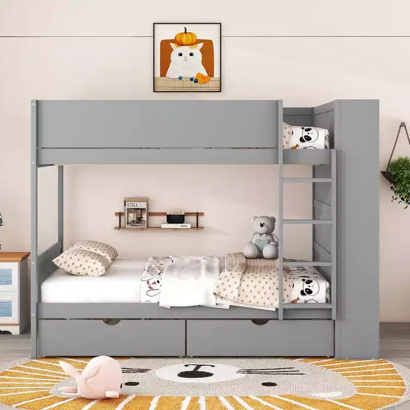 Twin Over Twin/Full Over Full Bunk Bed with 2 Drawers and Multi-Layer Cabinet, Space-Saving Storage Solution, White/Gray - ModernLuxe