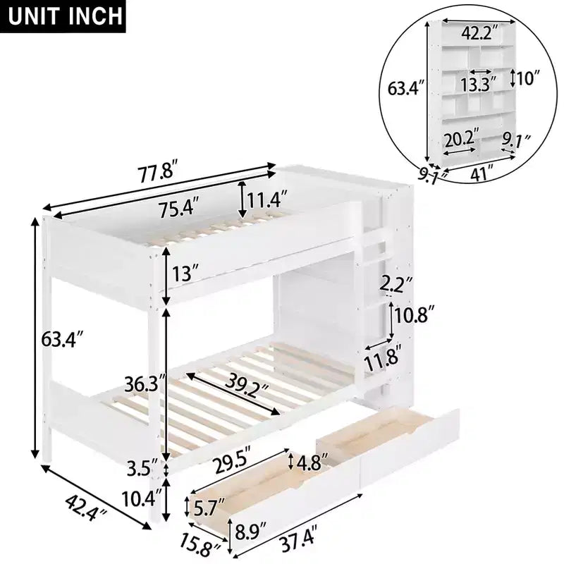 Twin Over Twin/Full Over Full Bunk Bed with 2 Drawers and Multi-Layer Cabinet, Space-Saving Storage Solution, White/Gray - ModernLuxe