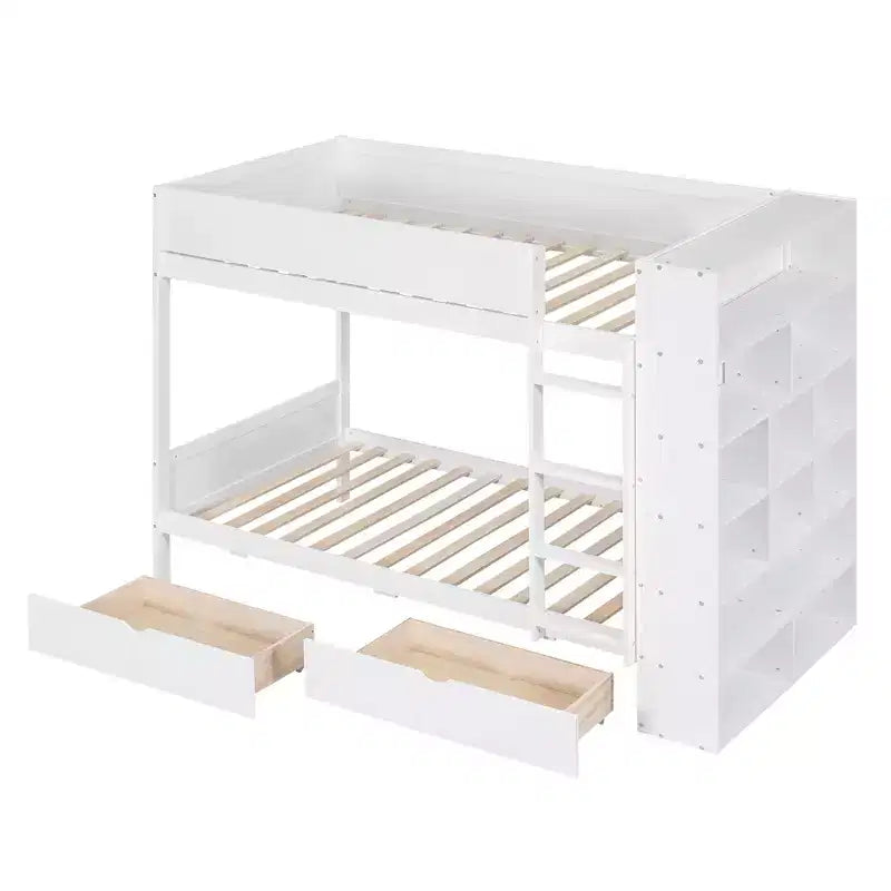 Twin Over Twin/Full Over Full Bunk Bed with 2 Drawers and Multi-Layer Cabinet, Space-Saving Storage Solution, White/Gray - ModernLuxe