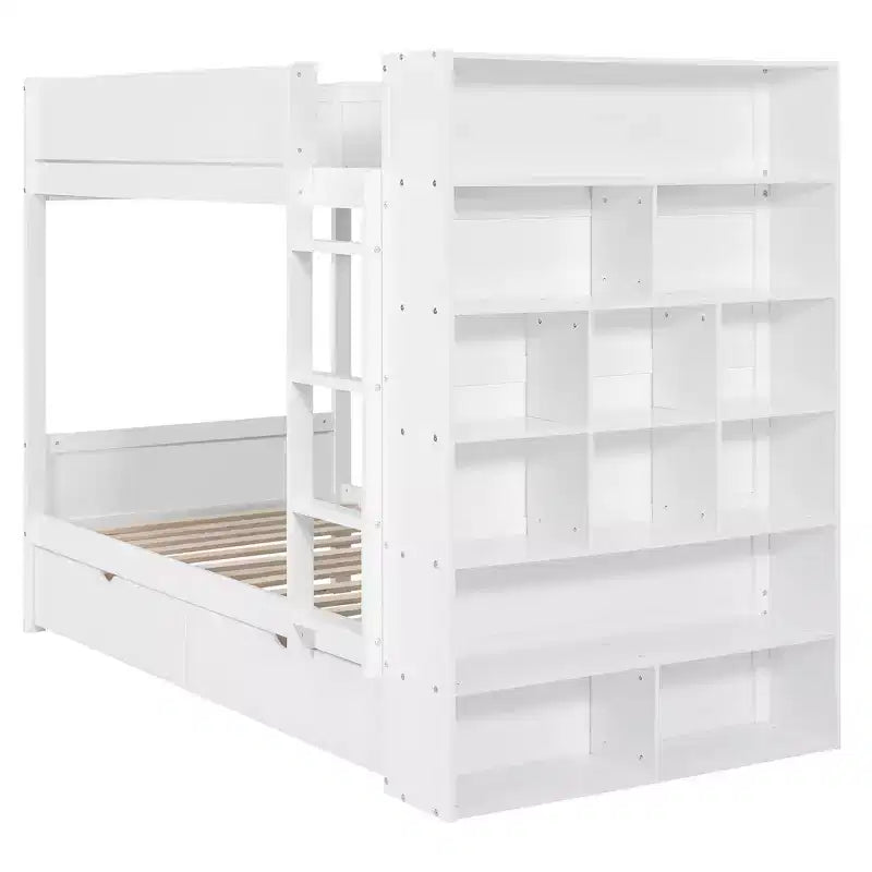 Twin Over Twin/Full Over Full Bunk Bed with 2 Drawers and Multi-Layer Cabinet, Space-Saving Storage Solution, White/Gray - ModernLuxe