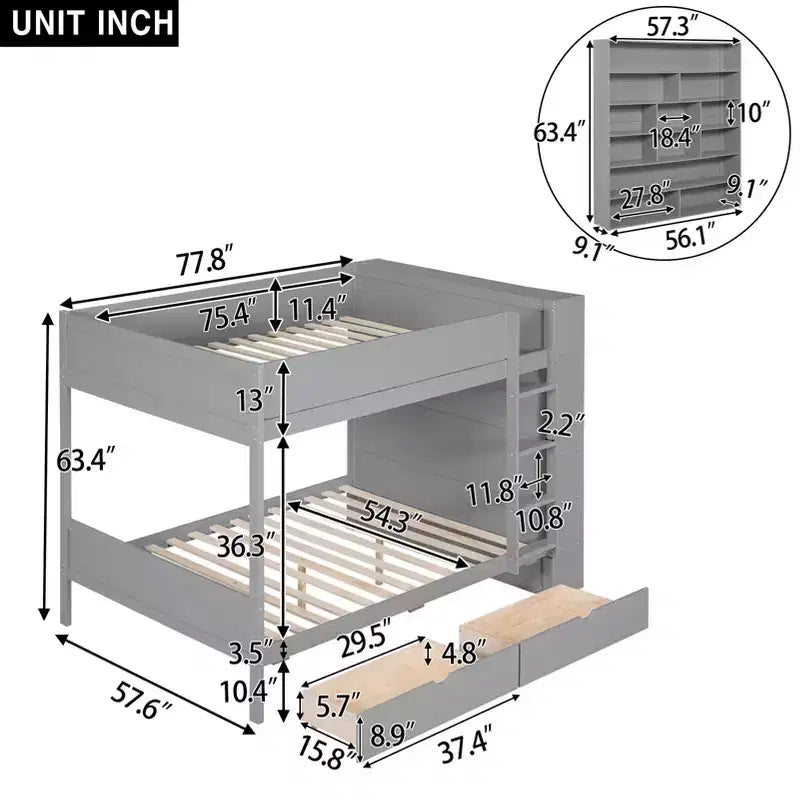 Twin Over Twin/Full Over Full Bunk Bed with 2 Drawers and Multi-Layer Cabinet, Space-Saving Storage Solution, White/Gray - ModernLuxe