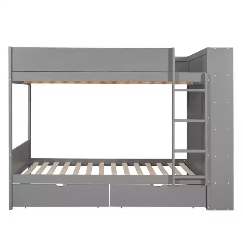Twin Over Twin/Full Over Full Bunk Bed with 2 Drawers and Multi-Layer Cabinet, Space-Saving Storage Solution, White/Gray - ModernLuxe