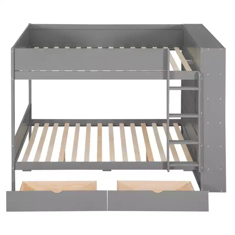 Twin Over Twin/Full Over Full Bunk Bed with 2 Drawers and Multi-Layer Cabinet, Space-Saving Storage Solution, White/Gray - ModernLuxe