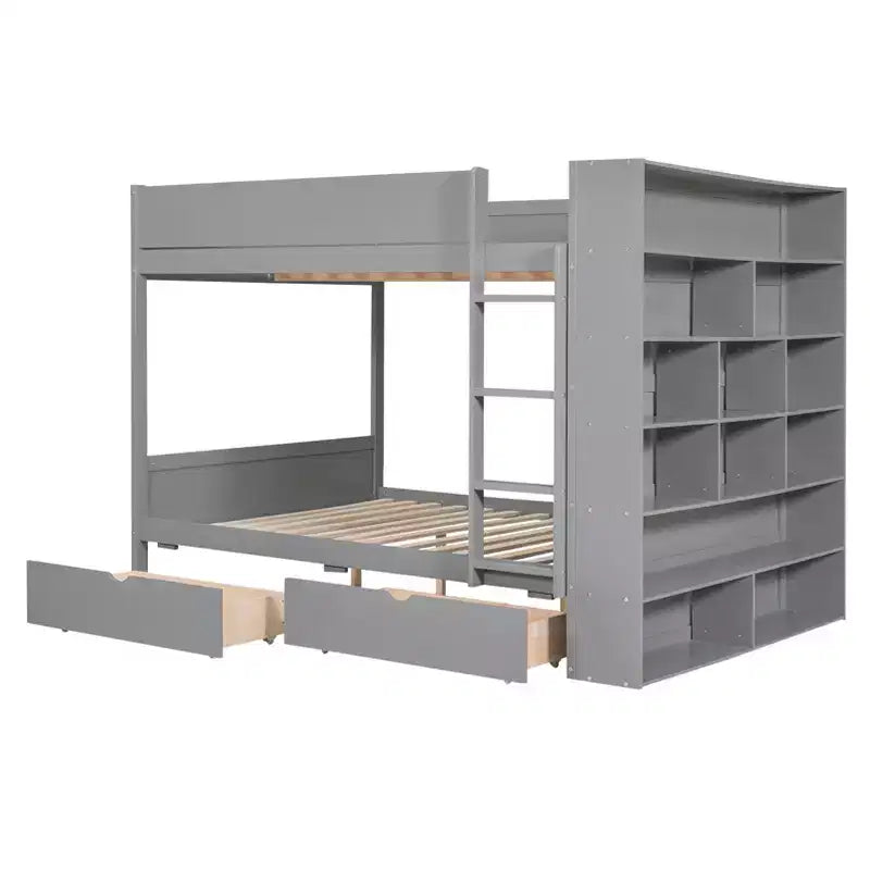 Twin Over Twin/Full Over Full Bunk Bed with 2 Drawers and Multi-Layer Cabinet, Space-Saving Storage Solution, White/Gray - ModernLuxe