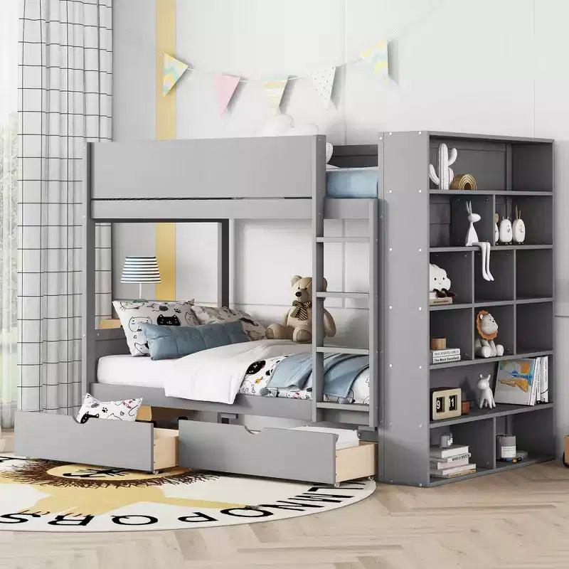 Twin Over Twin/Full Over Full Bunk Bed with 2 Drawers and Multi-Layer Cabinet, Space-Saving Storage Solution, White/Gray - ModernLuxe