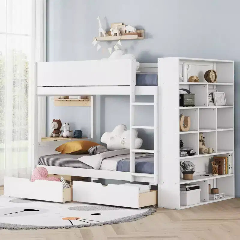 Twin Over Twin/Full Over Full Bunk Bed with 2 Drawers and Multi-Layer Cabinet, Space-Saving Storage Solution, White/Gray - ModernLuxe