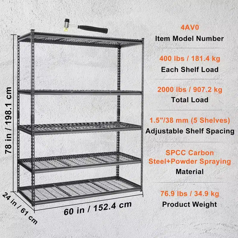 Étagère de rangement VEVOR, 5 niveaux réglables, capacité de 907 kg, étagères de garage robustes, organisateur en métal, étagère grillagée