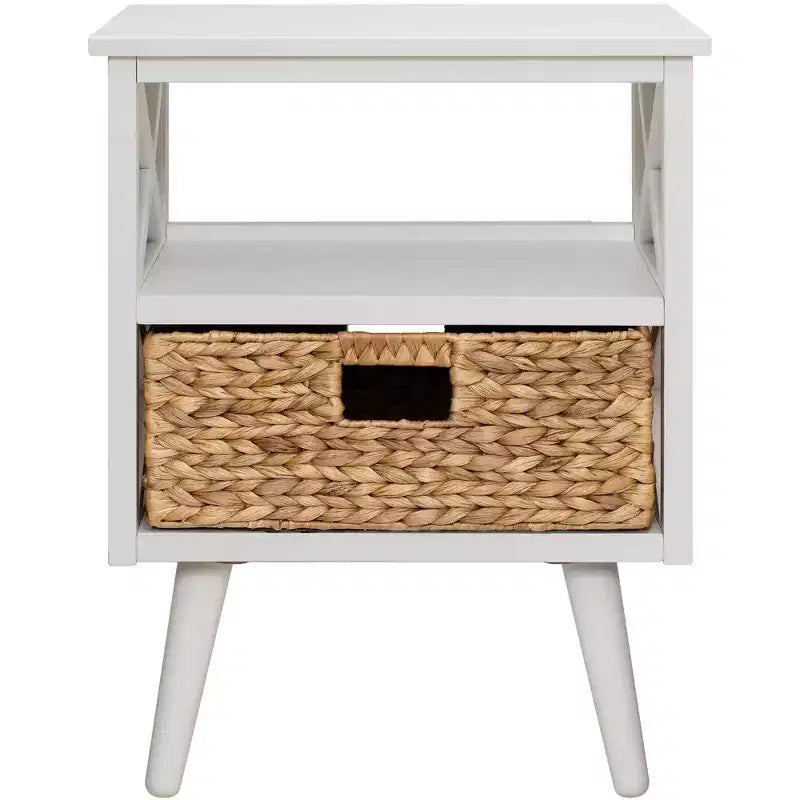 Table de chevet moderne du milieu du siècle eHemco X-Side avec étagère de rangement et panier en osier